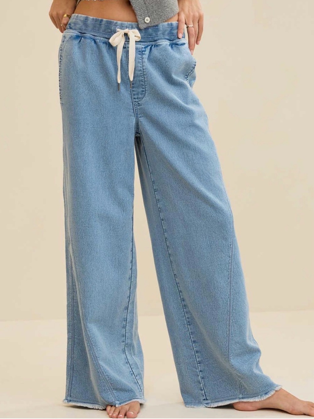 Aerie Soft Landing Wide Leg Light Blue Jean style Trousers, Drawstring, M - Picture 2 of 15